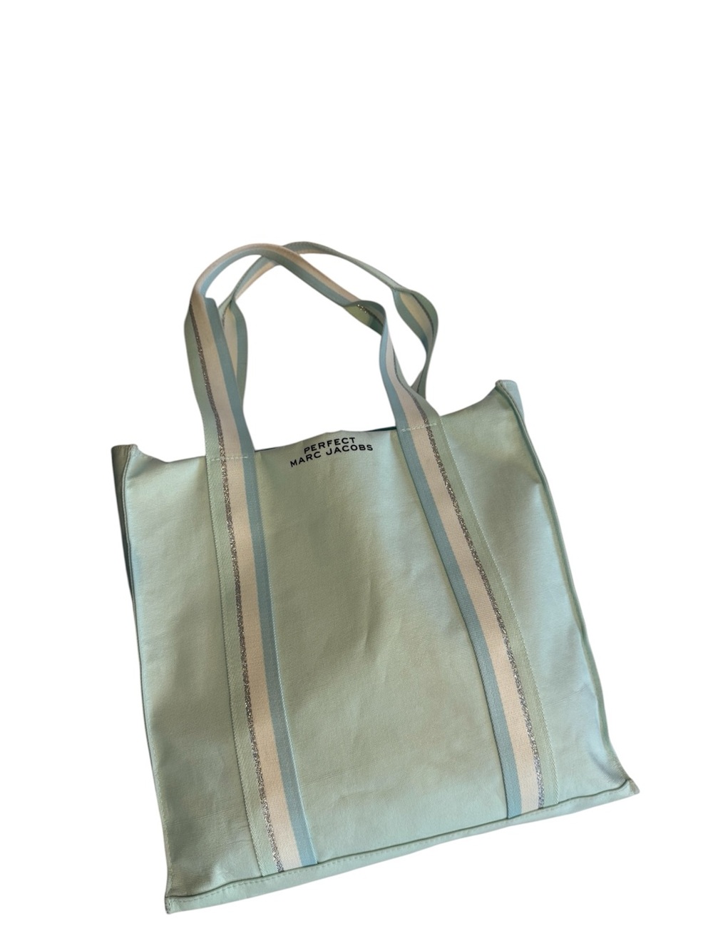 Perfect Marc Jacobs Mint Canvas Tote Striped Handles Large Carryall Beach Bag - Picture 4 of 11